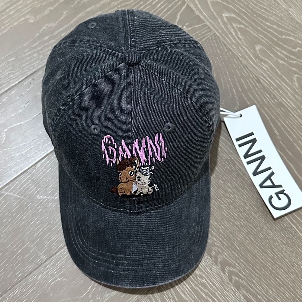 Ganni Black Washed Cap with Pink Logo and Character Patch